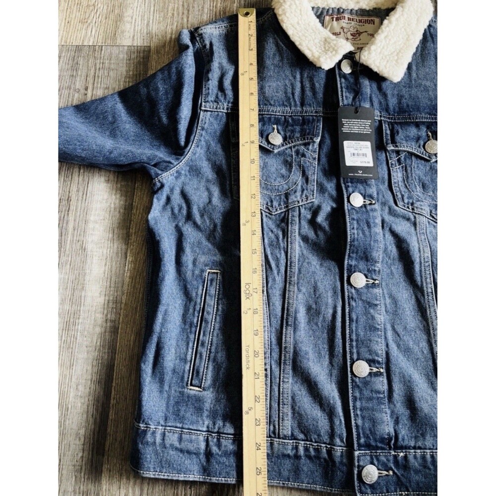 True Religion Sherpa Collar Denim Blizzard Wash Western Trucker Jacket Large - Picture 5 of 7